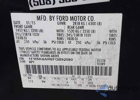 2015 Ford Police Interceptor from USA, damaged, VIN 1FM5K8AR6FGB92080